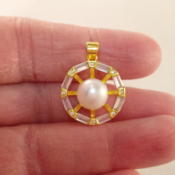 Gold 925 Silver Genuine White South Sea Pearl Diamond Zircon Necklace Pendant - Picture 4 of 8